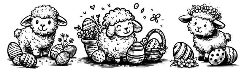 easter theme with eggs, lamb, and basket line art for coloring black vector