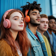 A group of teenagers of different ethnicities listening to music together with headphones