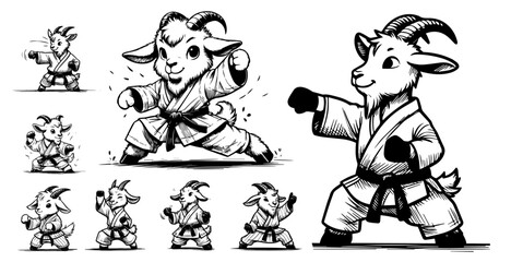 cute karate animals in kimono for children’s coloring black vector