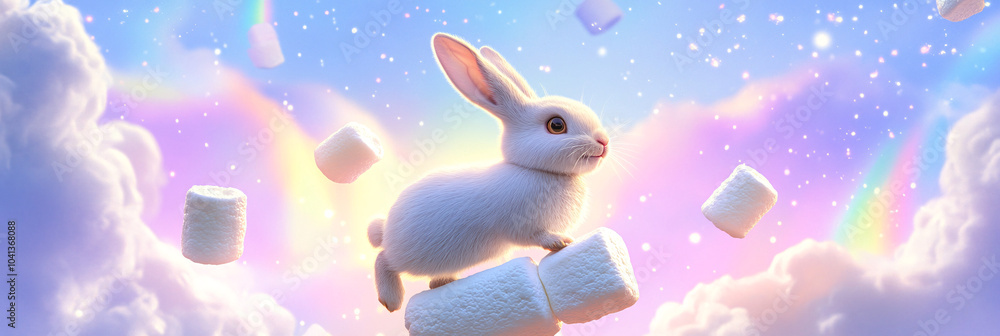 Poster a rabbit hopping across floating marshmallows in a sky filled with pastel rainbows and sparkling sta