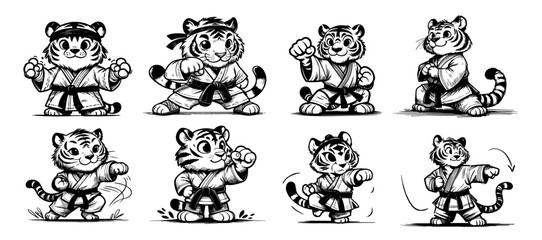 cartoon animals in karate kimono coloring set black vector © Luka