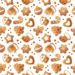 Seamless pattern with Christmas gingerbread cookies of different shapes on a white background. Christmas cookies with white icing. Design for Christmas packaging, textiles, wallpapers and backgrounds.