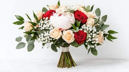 Obraz premium A vibrant bouquet featuring red, white, and peach roses, accented with greenery and delicate fillers, perfect for special occasions.