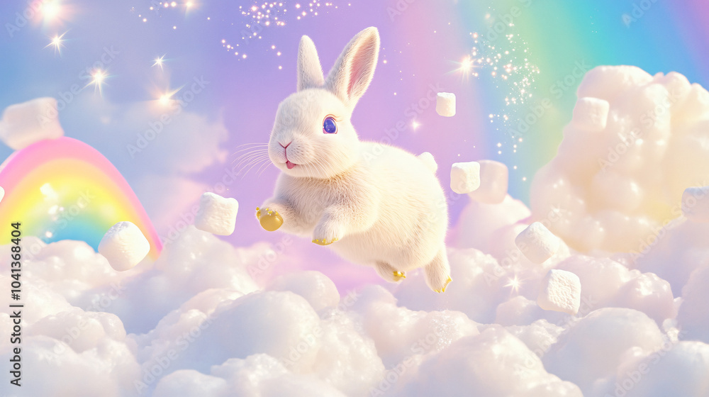 Poster a rabbit hopping across floating marshmallows in a sky filled with pastel rainbows and sparkling sta