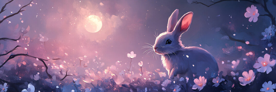A rabbit hopping through a field of floating flowers, with petals glowing in the soft moonlight 