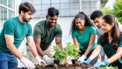Indian volunteers working together on a community garden project to promote sustainability.
