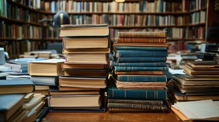 Stack of business books and documents on a desk