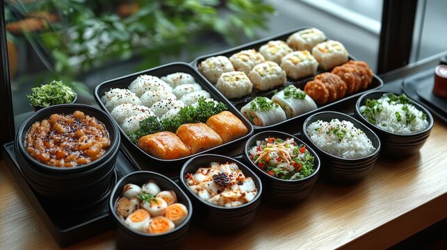 A variety of delicious Asian cuisine food bowls are shown. The food is presented in a visually appealing manner.