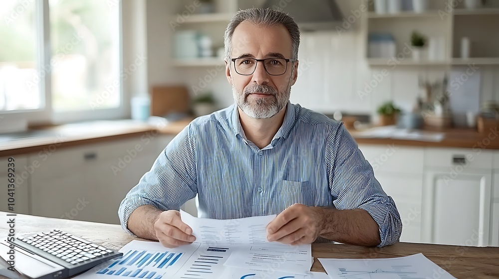 Aufkleber focused professional analyzing financial reports in a modern workspace environment with a calm expre