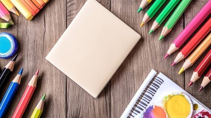 Naklejka premium A blank notepad surrounded by colorful art supplies on a wooden table.
