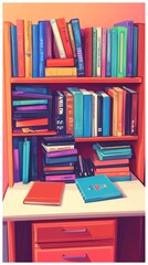 A bookshelf filled with books, a desk with a book, and a drawer.