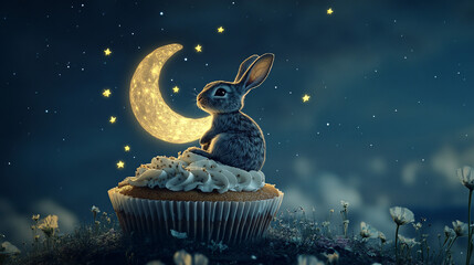 A rabbit sitting on a floating moon-shaped cupcake, with tiny stars twinkling around 