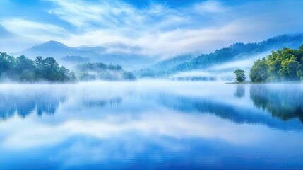 Fototapeta premium Tranquil Morning Lake with Fog and Blue Sky