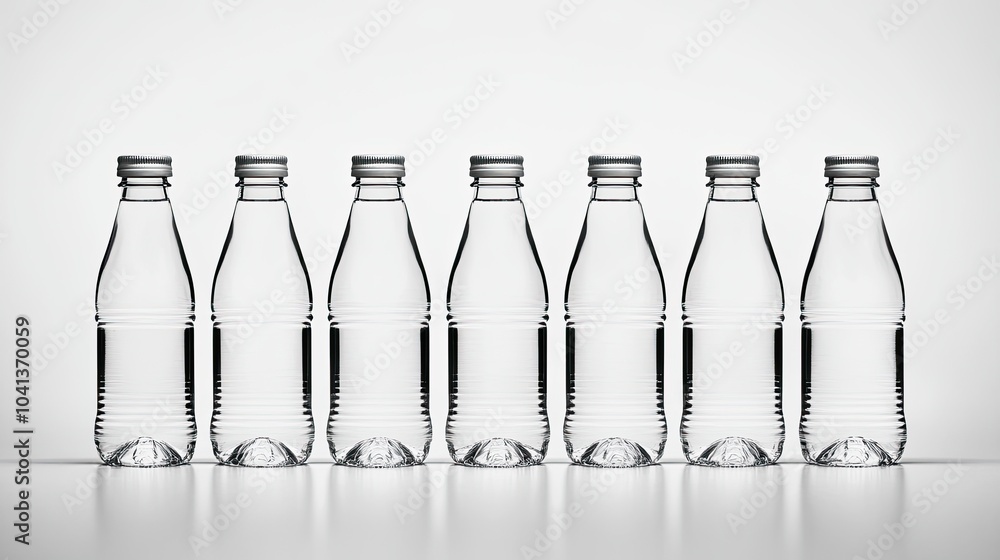 Poster clear glass bottles in a row on a minimal background