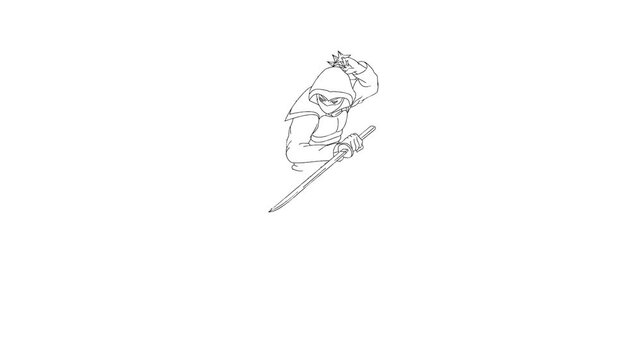 Animated sketch of jumping ninja assassin with weapon. Black and white drawing of martial arts fighter in combat stance, mountain scenery