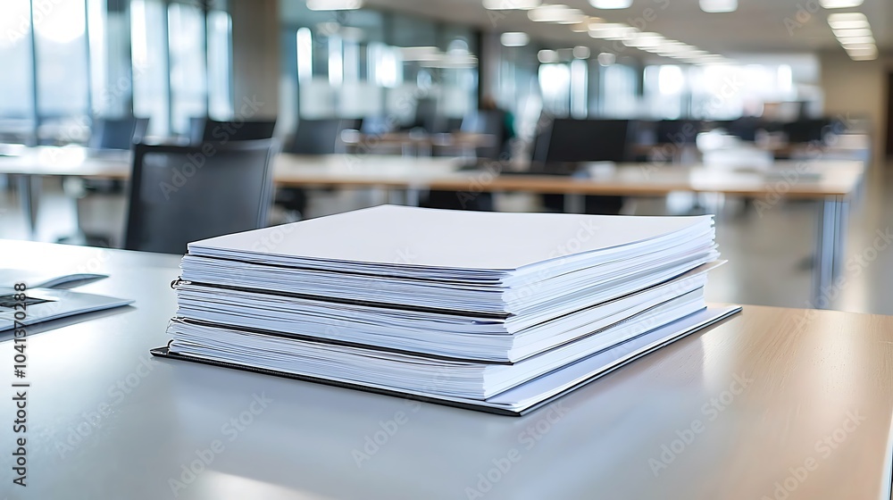 Poster elegant workspace with stacked documents highlighting modern office organization and productivity in