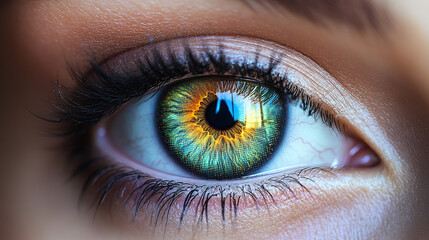 Close-up of a beautiful female eye with a rainbow-colored iris