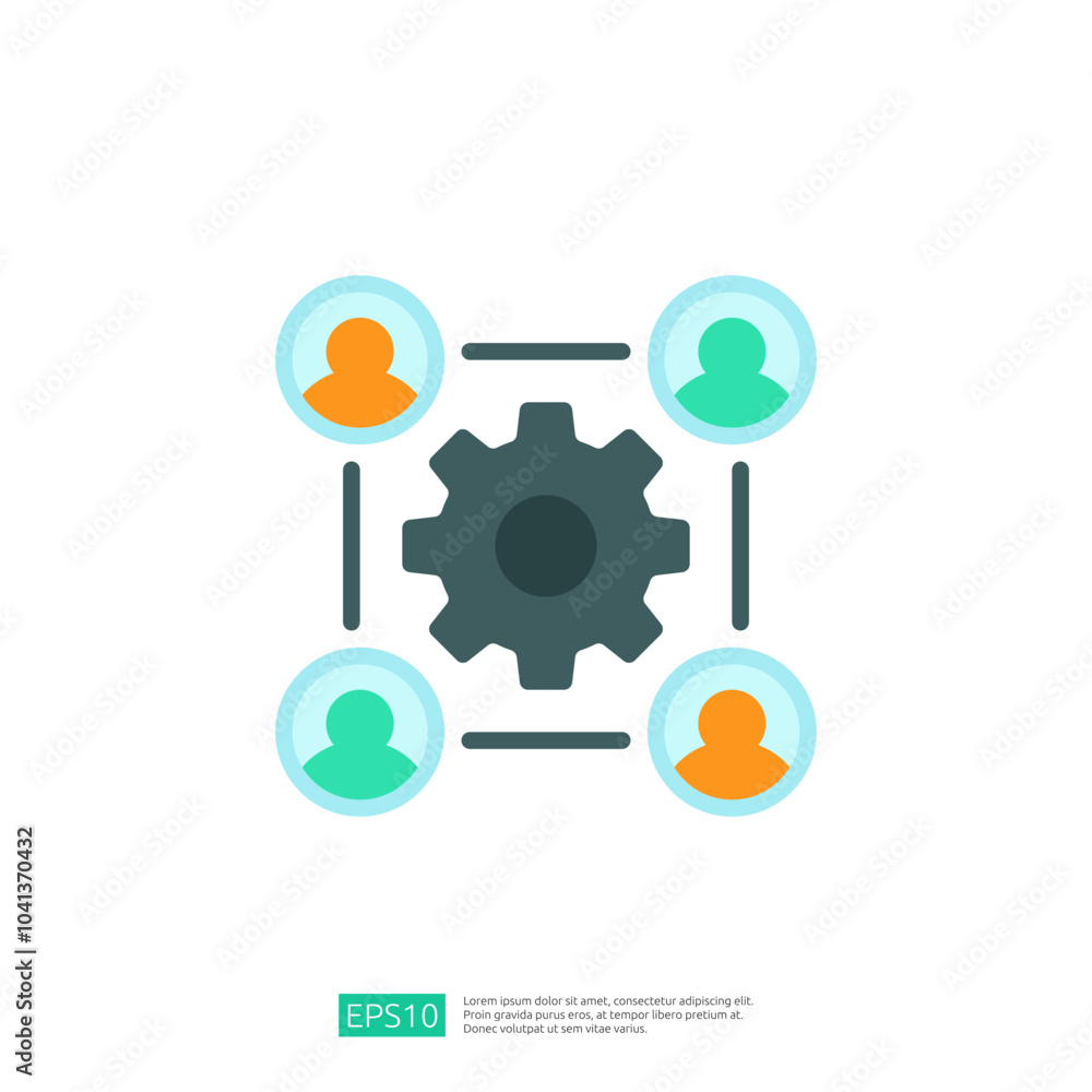Poster the image depicts a central gear surrounded by four user icons, symbolizing collaboration and teamwo