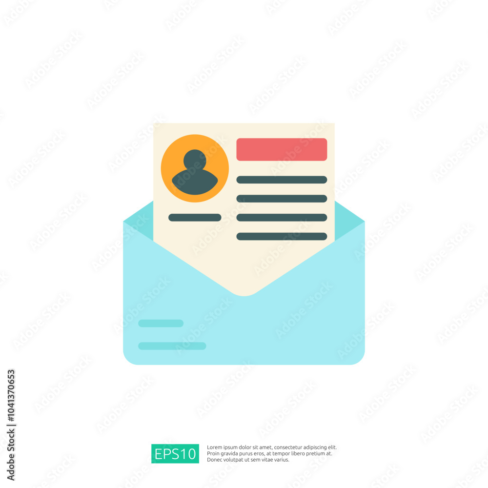 Poster This image depicts an envelope containing a document with a user profile, suggesting communication or application processes.