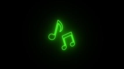 Glowing Music note icon. green color neon style music icon on the black background. neon light icon sign music note.