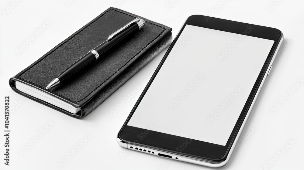 Poster modern office desk setup with smartphone and notebook