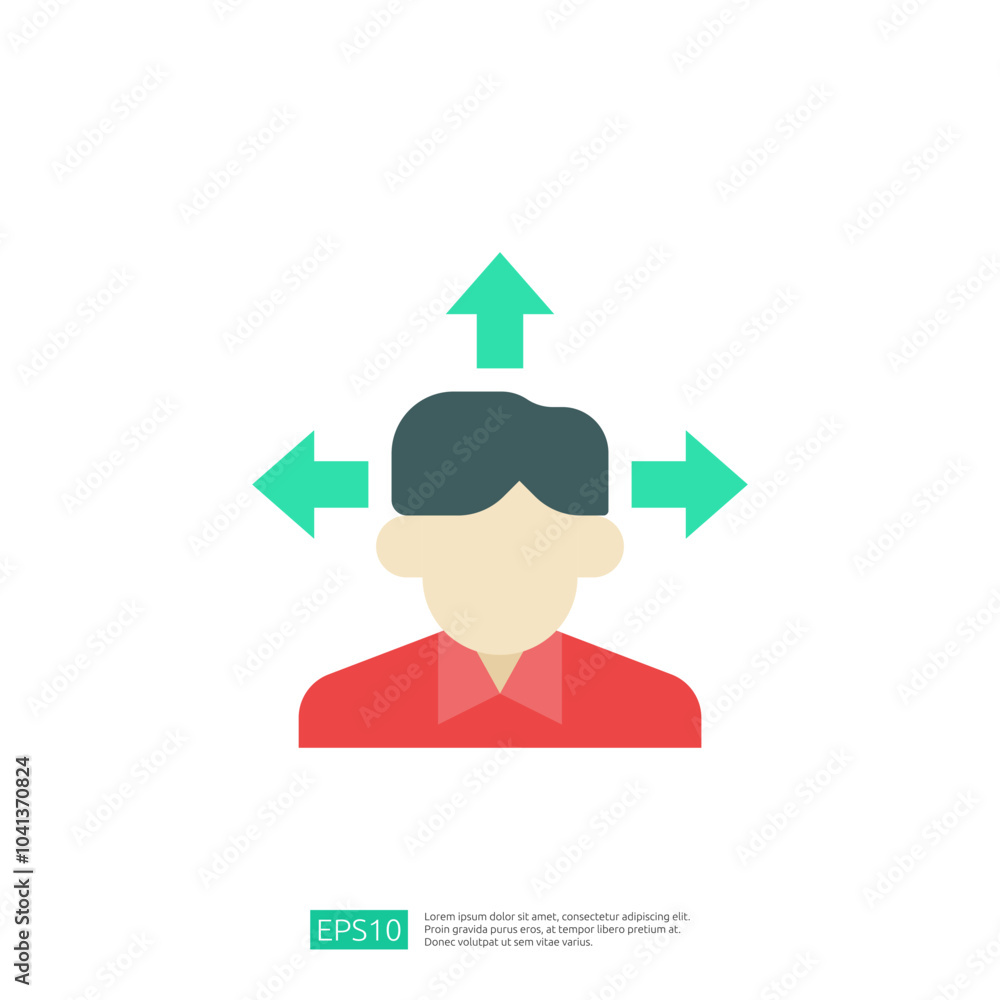 Poster a simple graphic illustration of a person with arrows pointing in different directions, symbolizing 