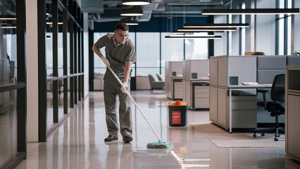 Janitor Cleaning Office Floors with Mop and Bucket