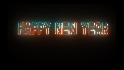 Neon glowing text happy new year on black background.