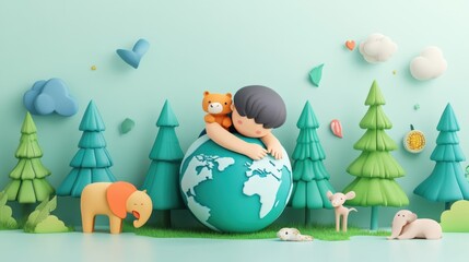 Fototapeta premium Child Embracing Earth with Animals in a Colorful Scene