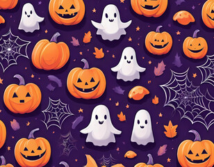 Seamless Halloween Pattern with Pumpkins, Ghosts, Bats, and Spider Webs.