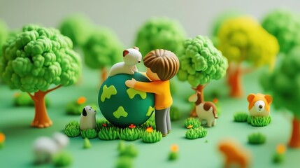 Child Embracing Earth with Animals in Nature Scene