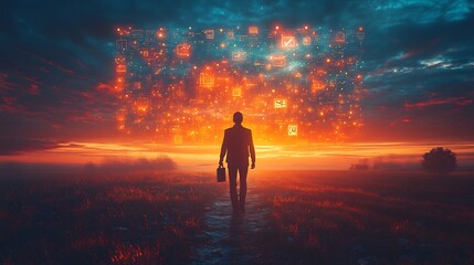 Obraz premium Silhouette of person walking toward a horizon filled with symbols of growth business opportunities and innovation representing the ambition and drive of modern entrepreneurs