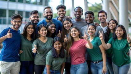 A diverse group of Indian volunteers posing together after a successful event.
