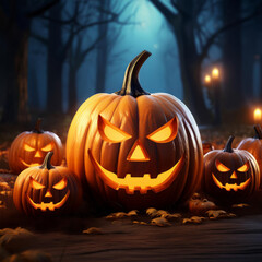 Fototapeta premium Glowing Halloween pumpkins on a rustic wooden table under an eerie night sky, ideal for custom text or designs.
