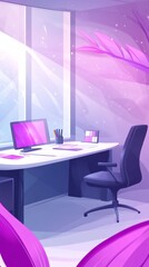 A modern office workspace with a computer, desk, chair, and window with sunlight streaming in.