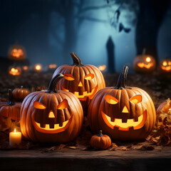 Glowing Halloween pumpkins on a rustic wooden table under an eerie night sky, ideal for custom text or designs.