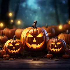 Fototapeta premium Glowing Halloween pumpkins on a rustic wooden table under an eerie night sky, ideal for custom text or designs.