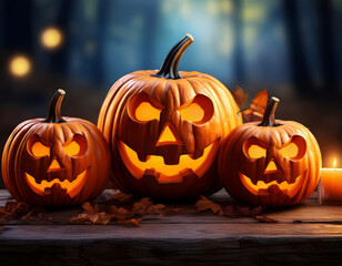Obraz premium Glowing Halloween pumpkins on a rustic wooden table under an eerie night sky, ideal for custom text or designs.