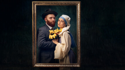 Cinematic portrait of man and woman. Van Gogh and Girl with white pearl pose within golden picture...