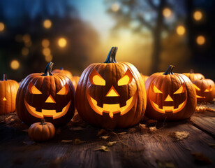 Fototapeta premium Glowing Halloween pumpkins on a rustic wooden table under an eerie night sky, ideal for custom text or designs.
