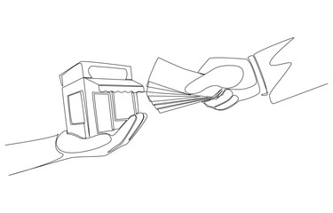 Continuous one line drawing of businessman giving money to franchise owner to receive franchise store, franchising concept, single line art.