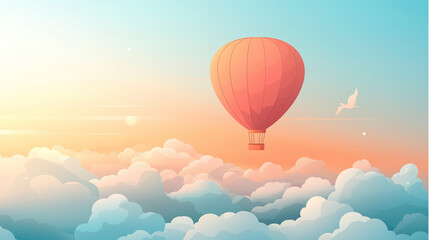 Obraz premium Red hot air balloon flying above clouds during sunset