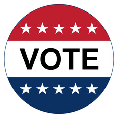 Round sticker for the 2024 US presidential elections encouraging people to vote
