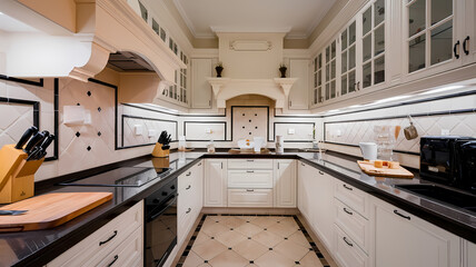 Modern kitchen interior featuring white cabinetry, black granite countertops, stylish backsplash, and stainless steel appliances, creating an elegant and functional cooking space.