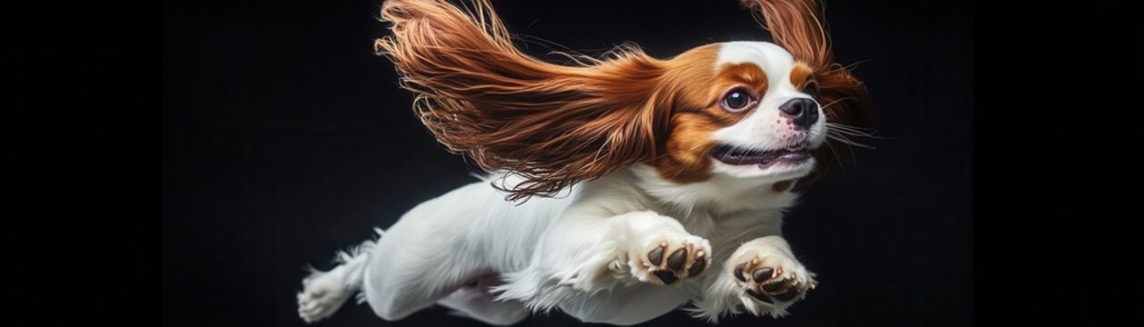 Cavalier King Charles Spaniel leaping happily, silky ears flapping in the air, dynamic motion on a black backdrop