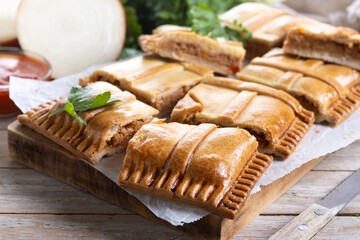 Tuna pie (empanada gallega) on wooden table. Traditional spanish food