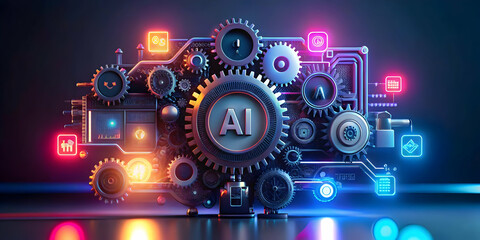 AI Assisted Manufacturing Icons Plain Background Design for Technology and Production Fusion - Gears, Circuits, Robotics with Copy Space | Stock Photo Concept for Modern Industry Visualization