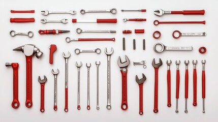 Top view of neatly arranged collection of tools, including hammer, wrench, pliers, and screwdriver, laid out in perfect symmetry on a clean white background