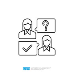 The image features two individuals with speech bubbles, one containing a question mark and the other a check mark, symbolizing communication and validation.