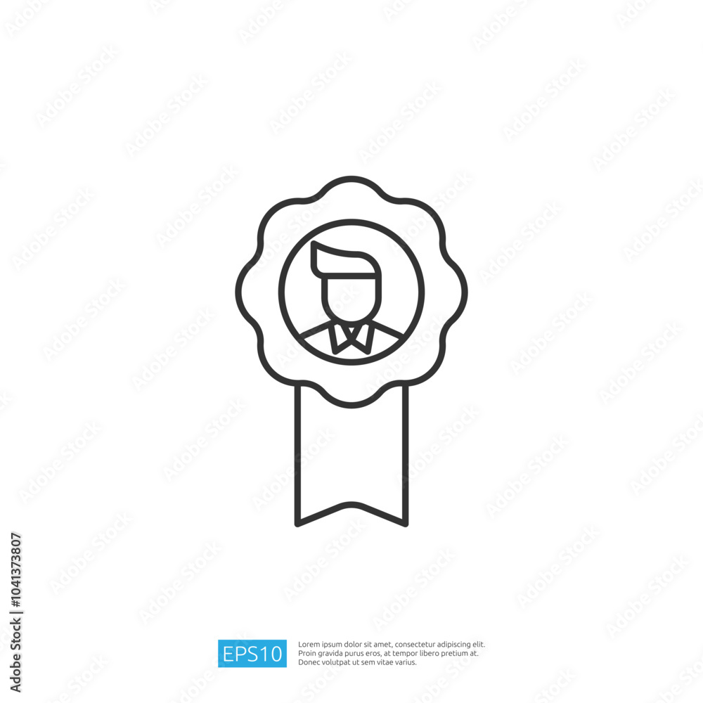 Poster the image features a simple line drawing of a badge or ribbon with a silhouette of a person inside, 